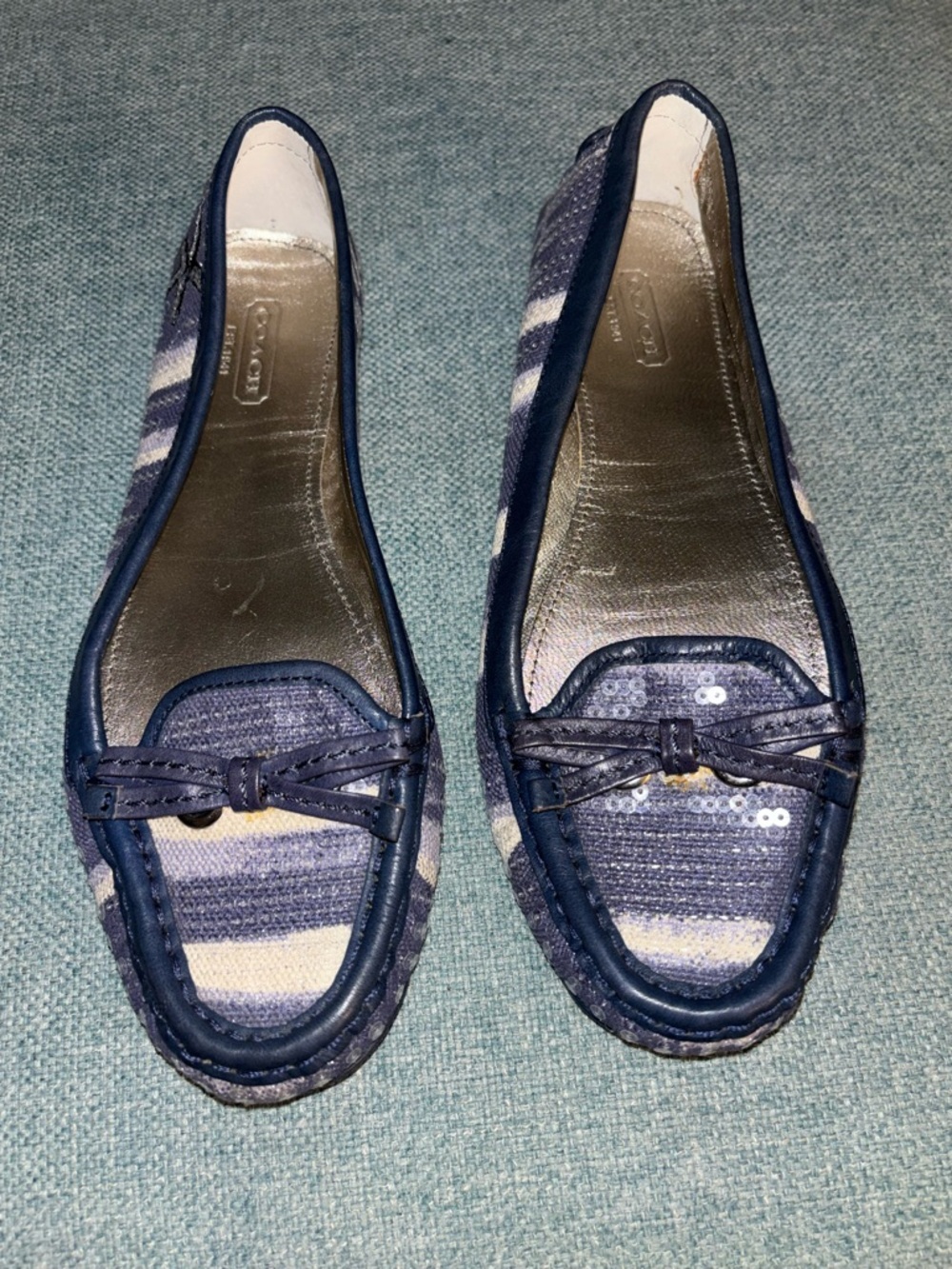 COACH Blue, Cream Sequined Flats Decorative Tie & Starfish Size 7.5 B